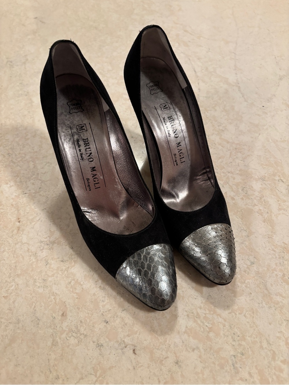 Bruno Magli Black Suede Pumps with Silver Snakeskin Pointed Toe